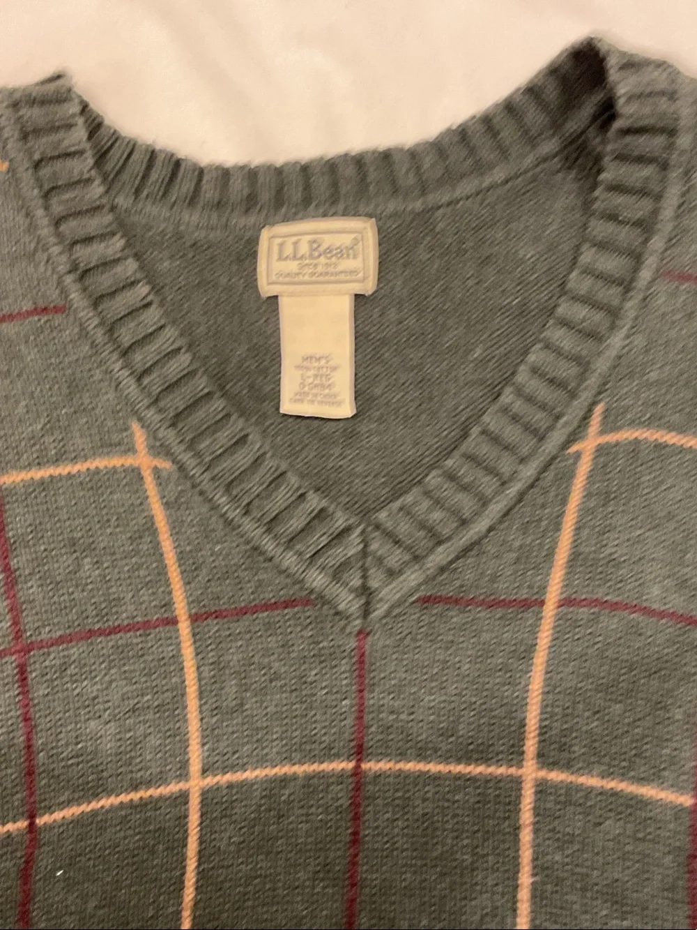 L.L. Bean Men's Green V-Neck Sweater Vest with Tan and Burgundy Windowpane